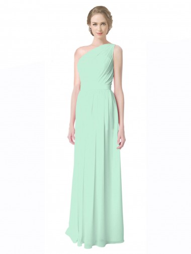 Sem Mangas Um Ombro Chiffon Linha A Verde Menta Longo Vestidos de Madrinha