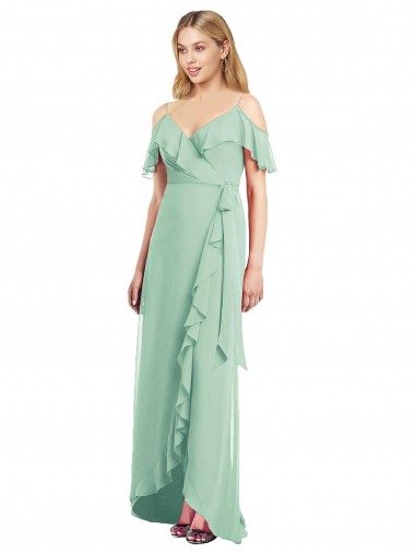 Ombro Frio Alças finas Chiffon Trombeta Alto Baixo, Vestidos de Madrinha