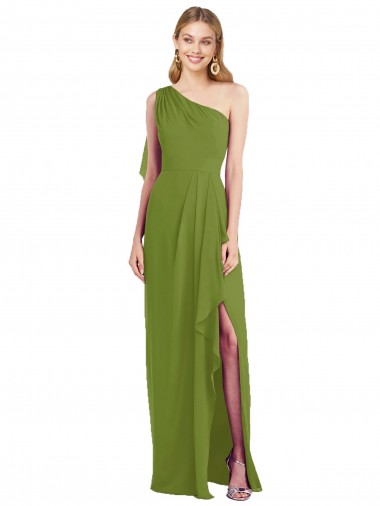 Sem Mangas Um Ombro Chiffon Trombeta Longo Verde Oliva Vestidos de Madrinha