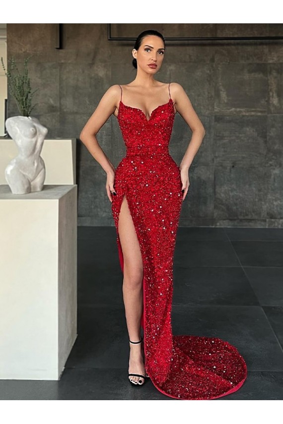 Sem Mangas Decote V Lantejoulas Veludo Bainha Longo Vermelho Vestidos de Festa