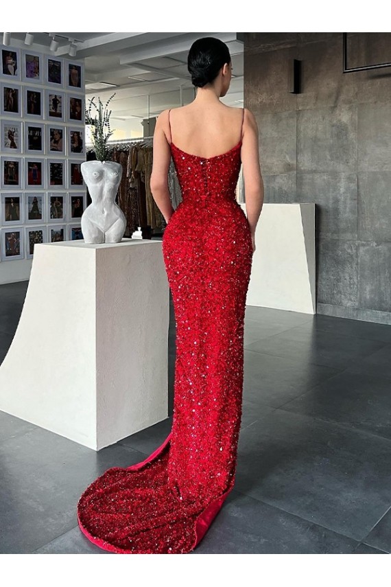 Sem Mangas Decote V Lantejoulas Veludo Bainha Longo Vermelho Vestidos de Festa