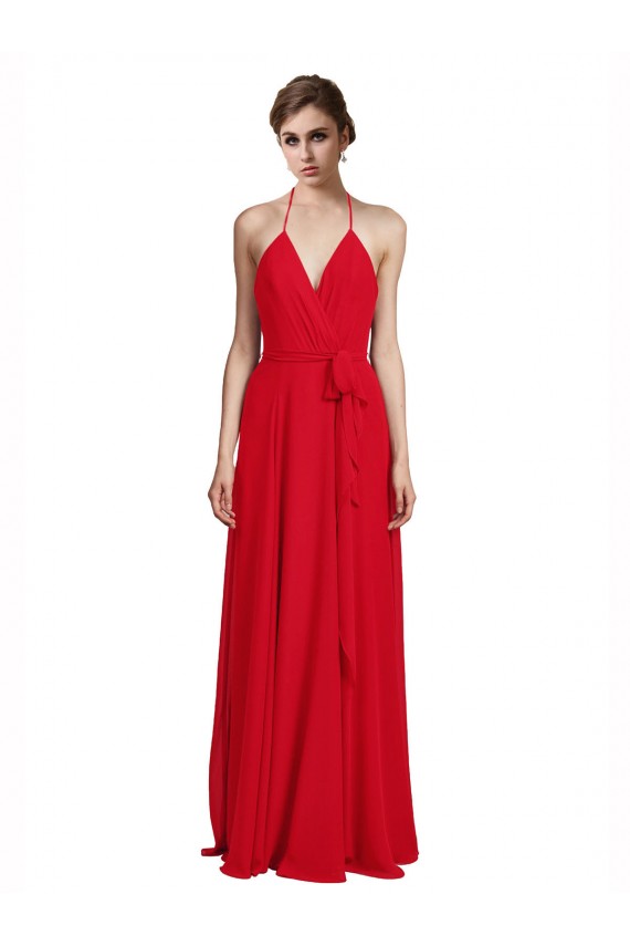 Sem Mangas Alças finas Chiffon Linha A Vermelho Longo Vestidos de Madrinha