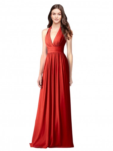 Sem Mangas Cabeçada Abrir de volta Chiffon Linha A Vermelho Longo Vestidos de Madrinha