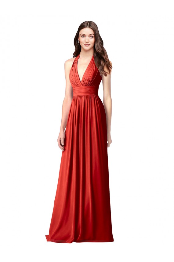 Sem Mangas Cabeçada Abrir de volta Chiffon Linha A Vermelho Longo Vestidos de Madrinha