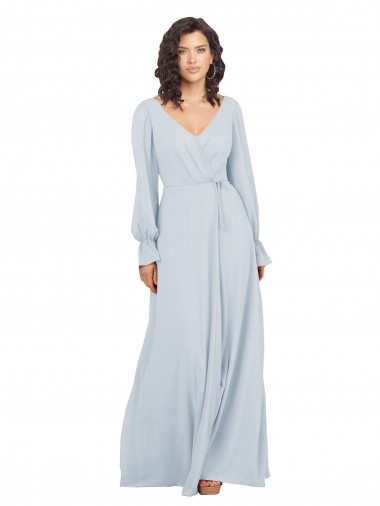 Mangas Compridas Decote V Chiffon Linha A Vestidos de Madrinha
