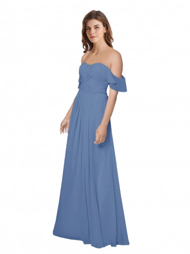 Mangas Esvoaçantes Fora do Ombro Abrir de volta Chiffon Linha A Vestidos de Madrinha
