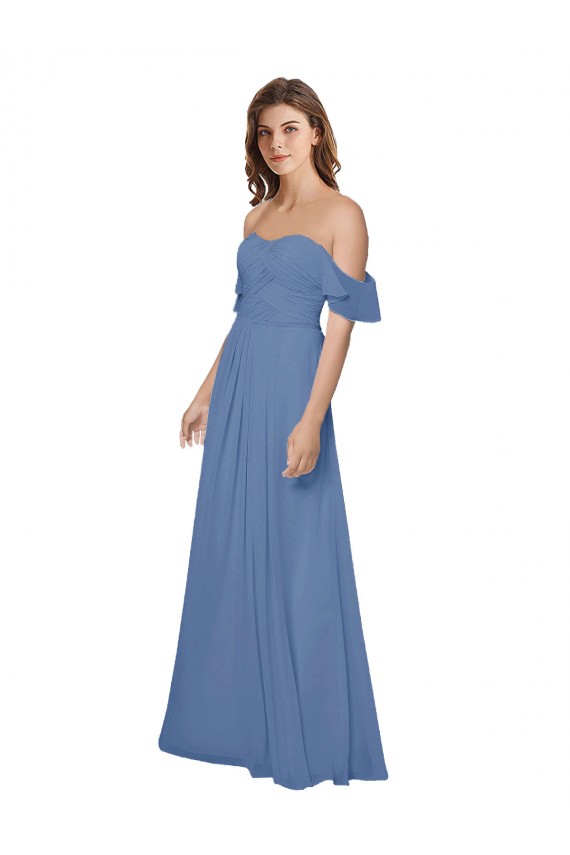Mangas Esvoaçantes Fora do Ombro Abrir de volta Chiffon Linha A Vestidos de Madrinha